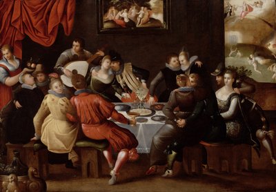 Elegant Figures Feasting and Disporting at a Table with the Last Judgement in the Background by Hieronymus II Francken